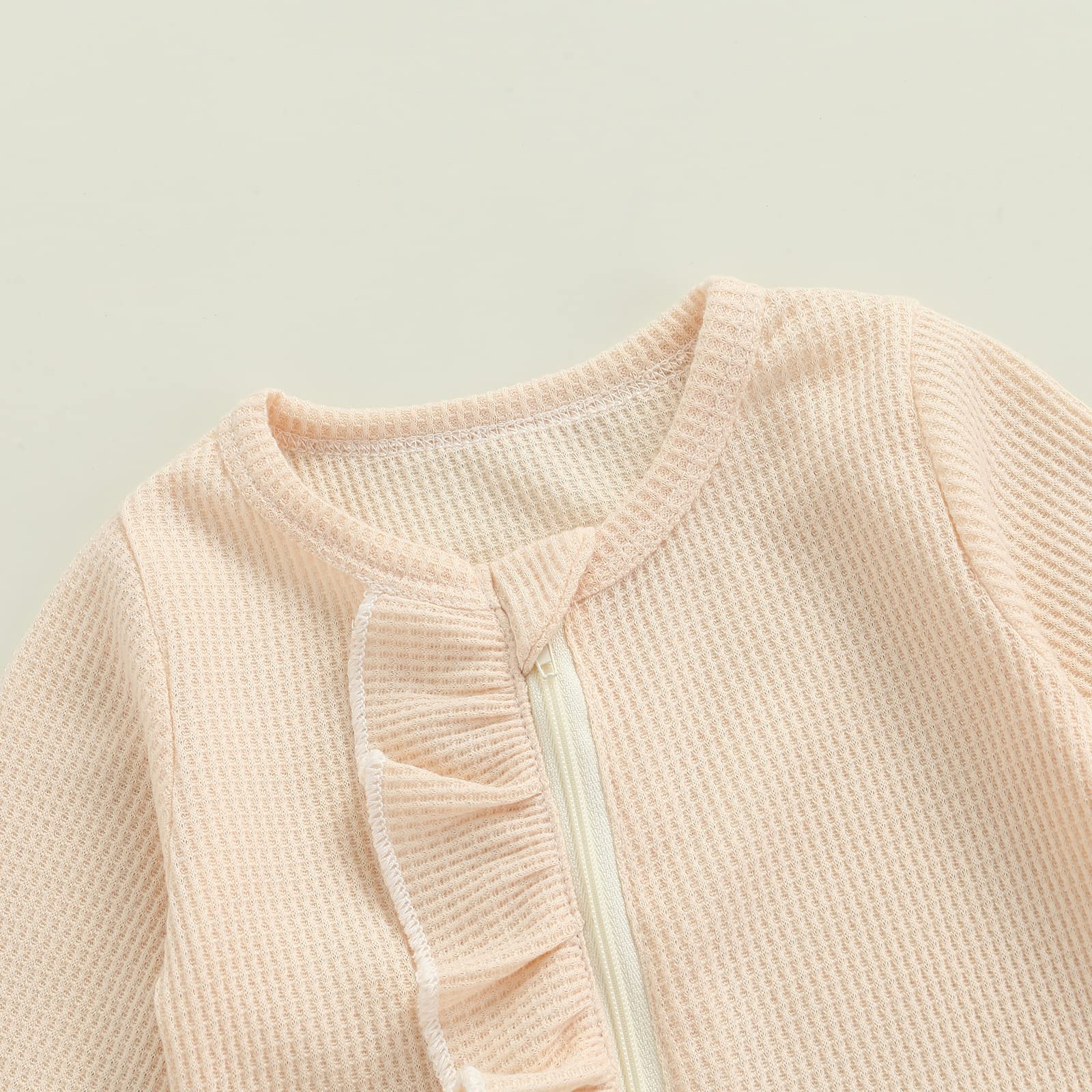 Newborn Baby Girl Waffle Knit Footie Romper with Zippers & Ruffles - Cozy Winter Outfit for Fall & Winter - Perfect for Playdates, Family Photos & Holiday Gatherings