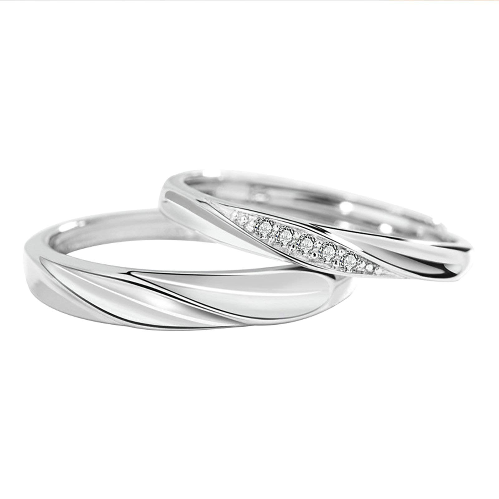 Banemi Sterling Silver Couples Rings Set for Him & Her - White Round Cubic Zirconia Wave Band, Polished & Engraved Adjustable Rings | Perfect Anniversary, Wedding, Valentine's Day & Birthday Gift Jewelry