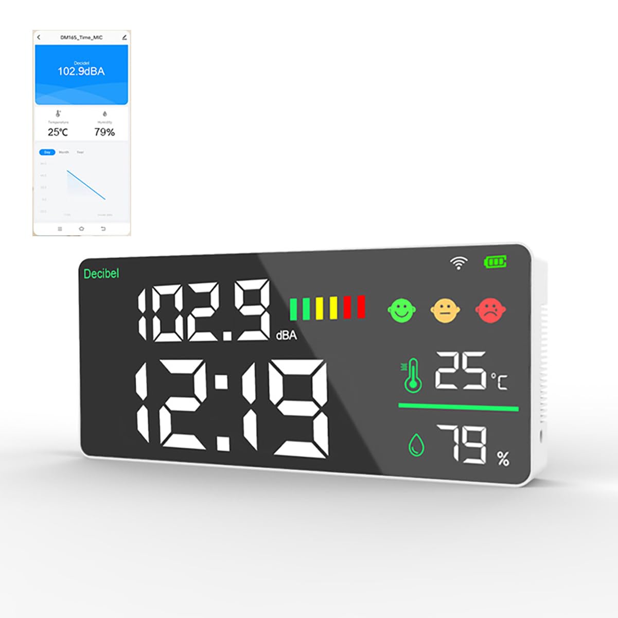 PochY WiFi Decibel Meter - Digital Sound Level Reader 30-130dB with Temperature & Humidity Sensor, Large 11
