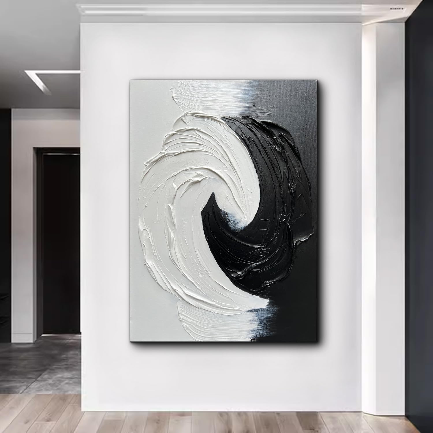 Creespi Black and White Abstract Oil Painting 28x40 Inch - Hand Painted Textured Canvas Art, Modern Minimalist Wall Decor for Living Room, Bedroom & Office