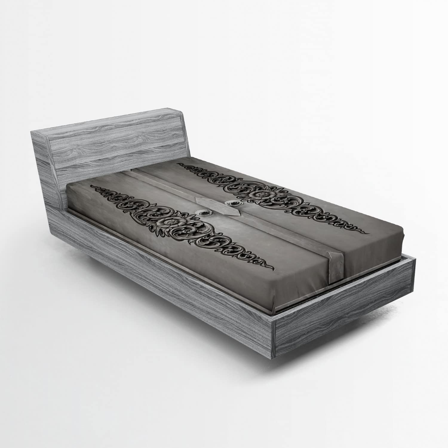 Ambesonne Antique Fitted Sheet - Twin Size Grey Black Floral Pattern Deep Pocket Bed Cover | Vintage Door Design with Vertical Ornamental Details | Perfect for Guest Rooms, Dorms & Travel Comfort