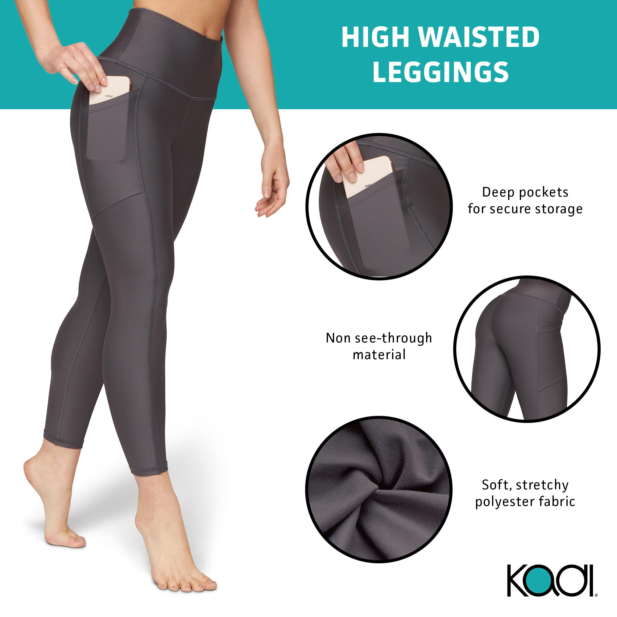 KADI High Waisted Yoga Pants for Women - 7/8 Length Workout Leggings with Pockets & Tummy Control - High Compression Fitness Pants for Yoga, Running & Gym