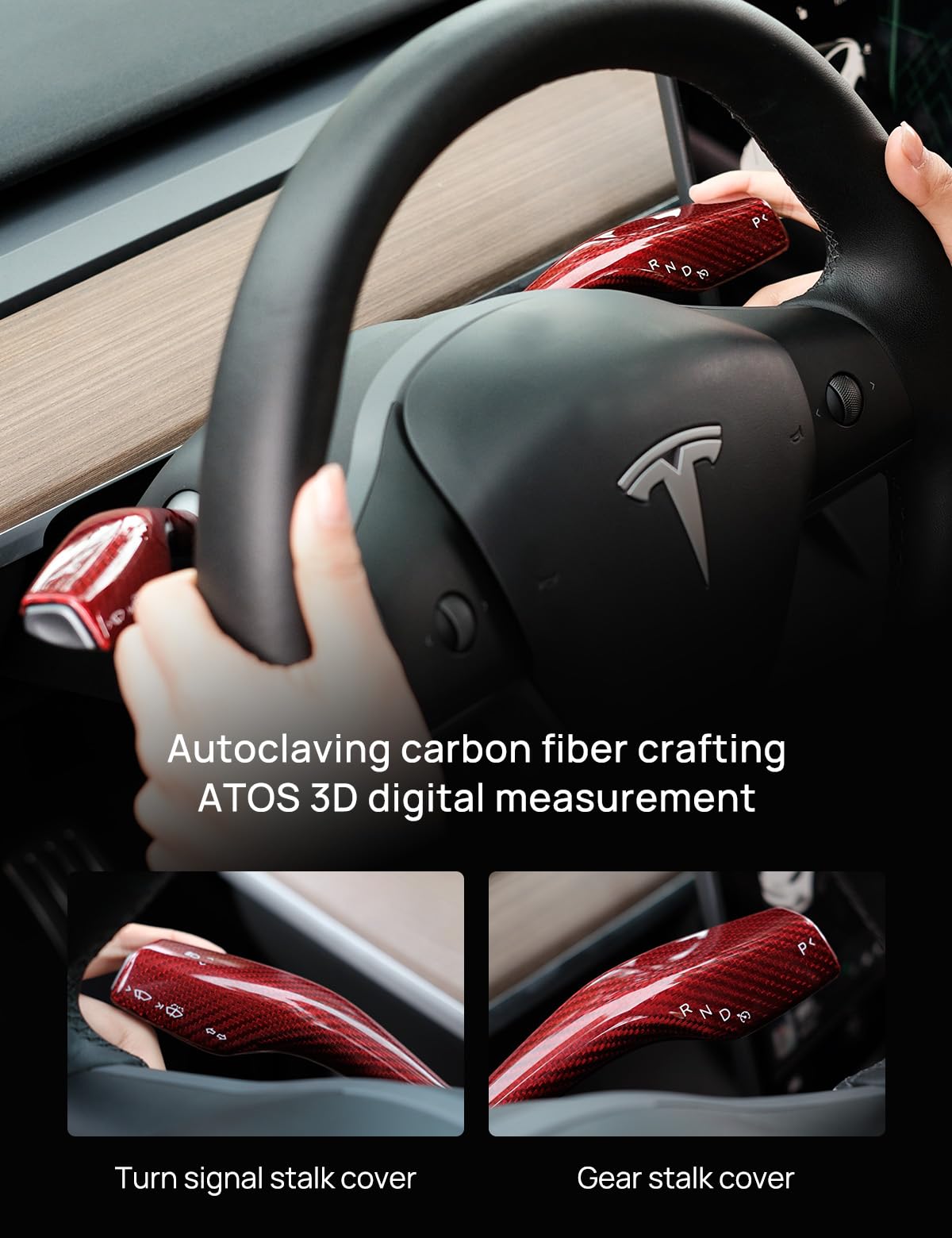 Carbon Fiber Steering Lever Cover for Tesla Model 3/Y (2018-2024) - 2PCS Wine Red - Premium Interior Upgrade