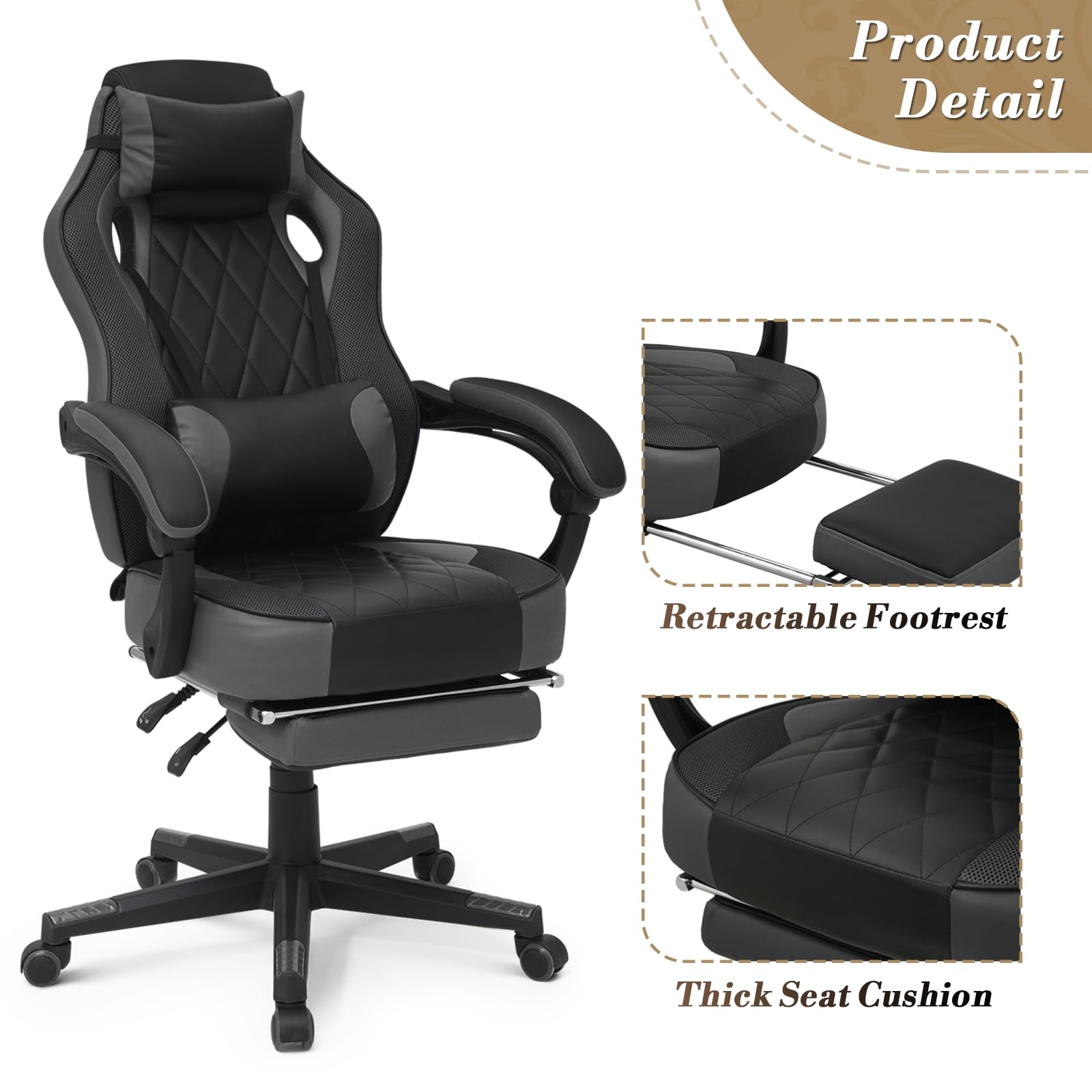 Ergonomic Gaming Chair with Footrest & Headrest Lumbar Support - Adjustable Height Swivel Computer Office Chair for Adults & Kids (Grey) - Perfect for Gaming, Working & Home Office Use