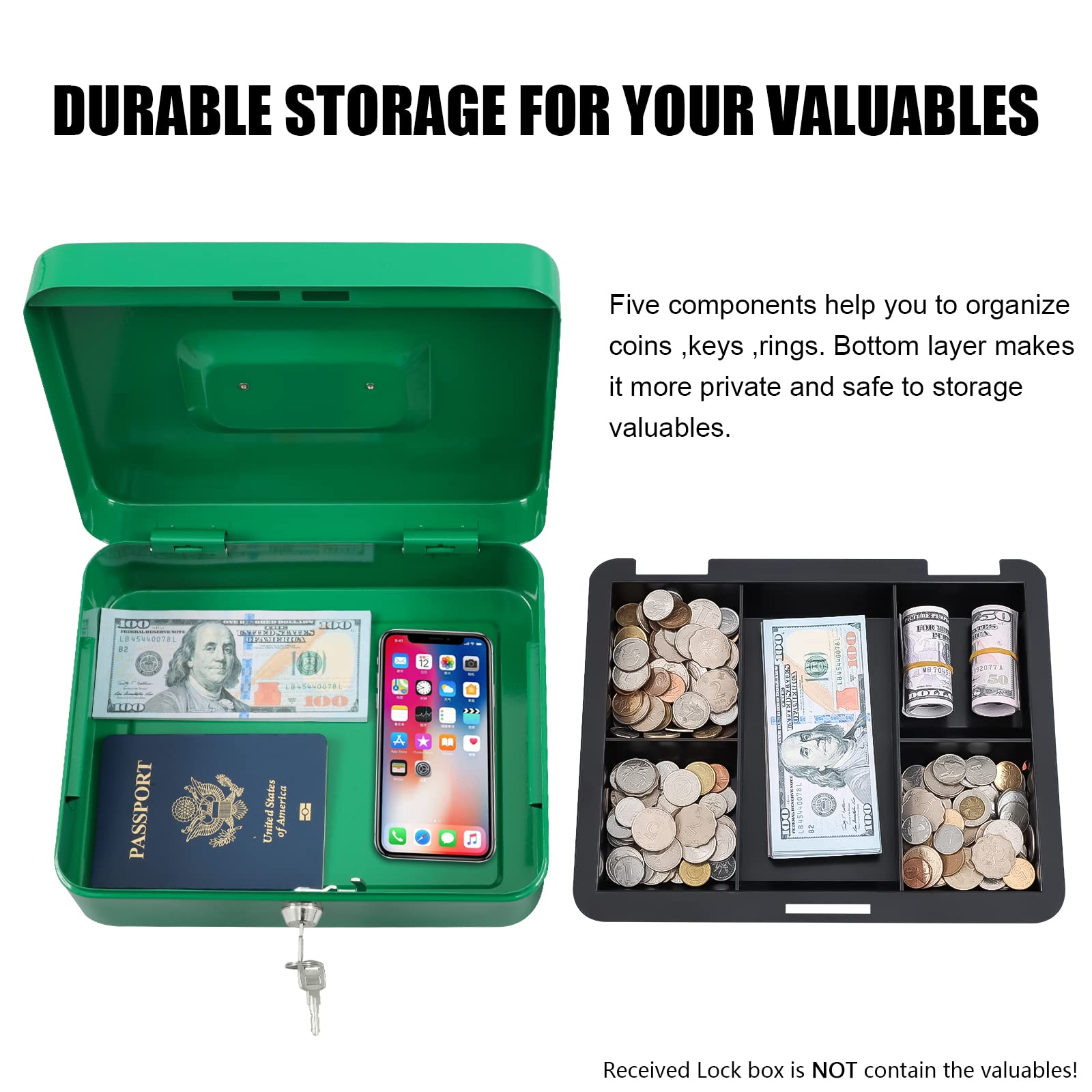 KYODOLED Large Cash Box with Combination Lock - Heavy Duty Metal Money Safe with Removable Tray (9.84x7.87x3.54 Inch) - Secure Storage for Cash, Valuables & Documents - Ideal for Home, Office, Retail Stores & Small Businesses (Green)