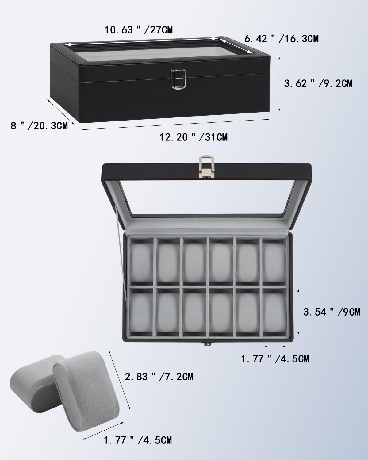 GUKA 12 Slot Watch Box with Large Real Glass Lid - Premium Black Synthetic Leather Watch Organizer with Removable Pillows | Perfect for Watch Collection Display, Storage & Travel