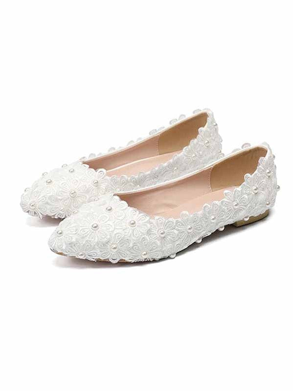 Elegant Pearl Lace Flat Wedding Shoes for Bridesmaids – Pointed Toe Comfortable Party Shoes for Women – Perfect for Weddings, Proms, and Special Occasions