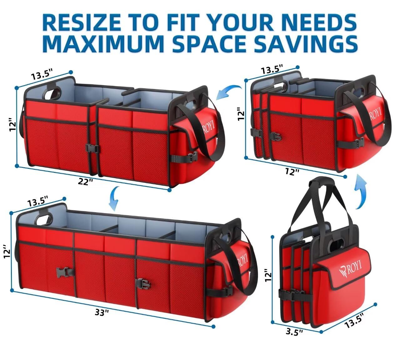 Upgraded Collapsible Car Trunk Organizer with 3 Large Compartments & Tool Grips - Portable SUV Truck Cargo Storage with Reinforced Handle (Red) - Perfect for Road Trips, Grocery Hauling & Sports Equipment Storage