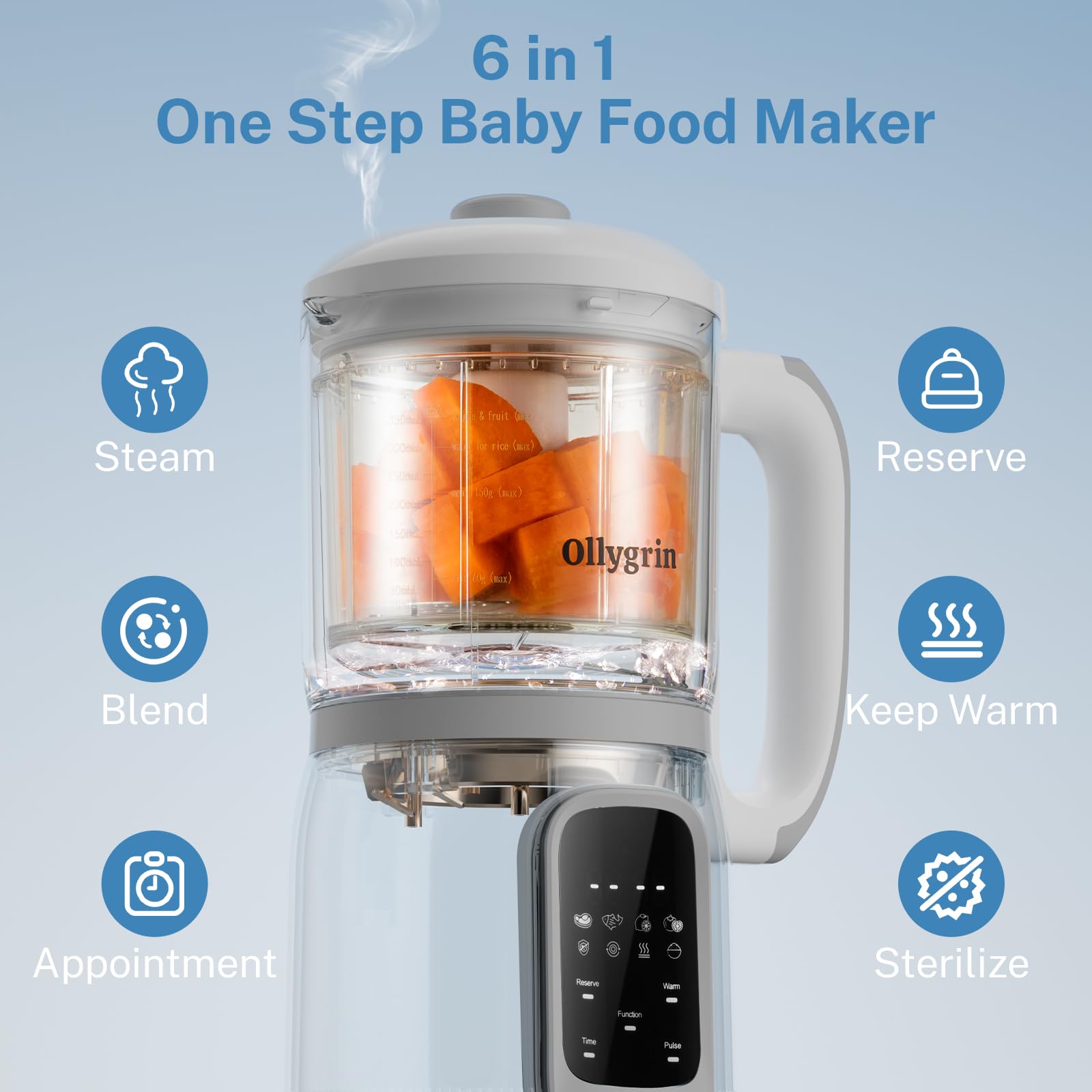**Ollygrin Baby Food Maker - 4-in-1 Steamer, Blender, Grinder & Puree Machine for Infants | Auto Cooking & Touch Screen | Perfect for Homemade Baby Food Prep (White)**    **Usage Scenarios:** Ideal for busy parents to quickly prepare fresh, healthy baby food at home, perfect for steaming veggies, blending fruits, and grinding meats for homemade purees.
