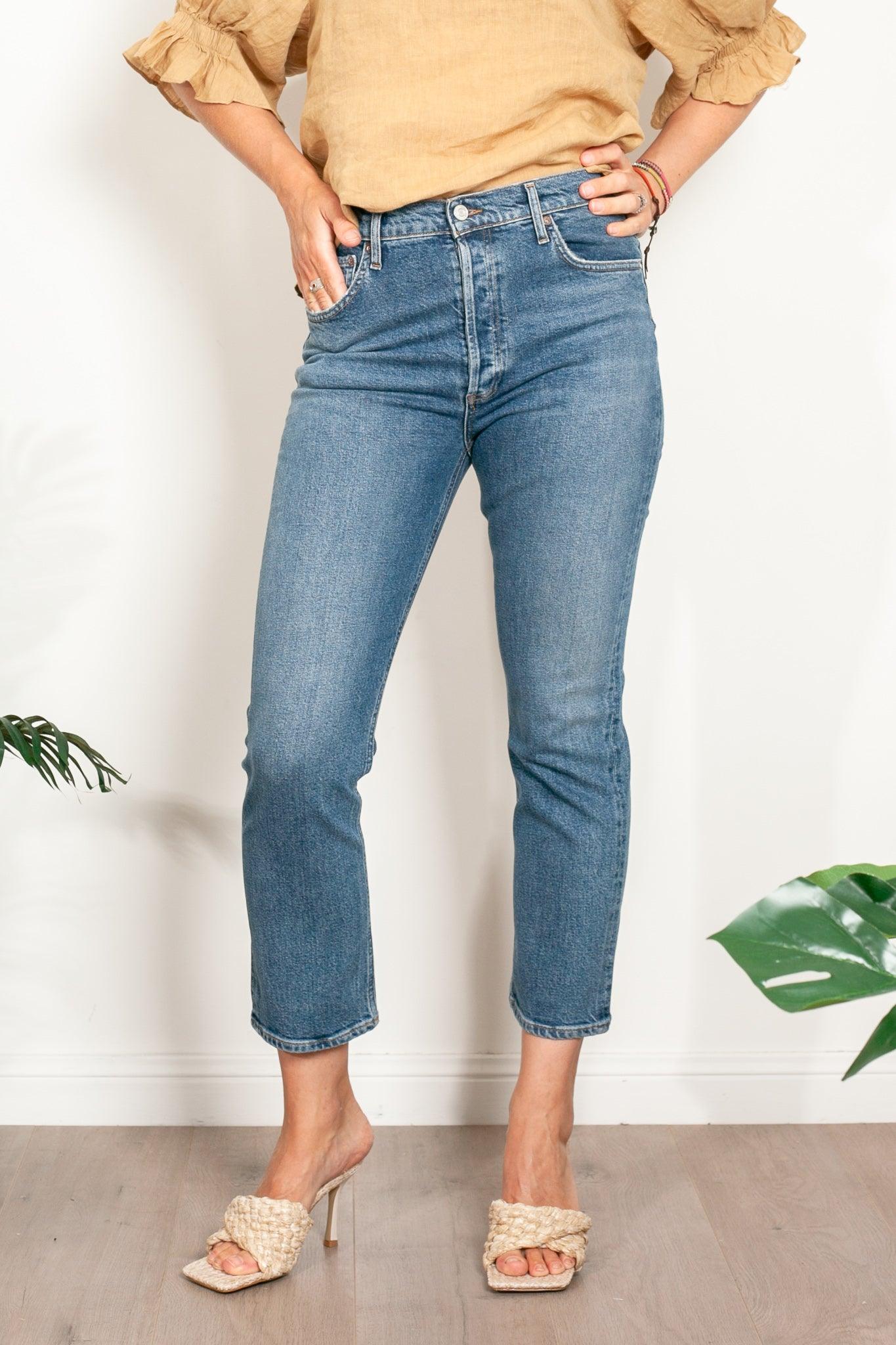 AGOLDE Riley High Rise Distressed Jeans for Women - Vintage Blue Denim Skinny Jeans with Raw Hem | Perfect for Casual Outfits, Street Style & Everyday Wear