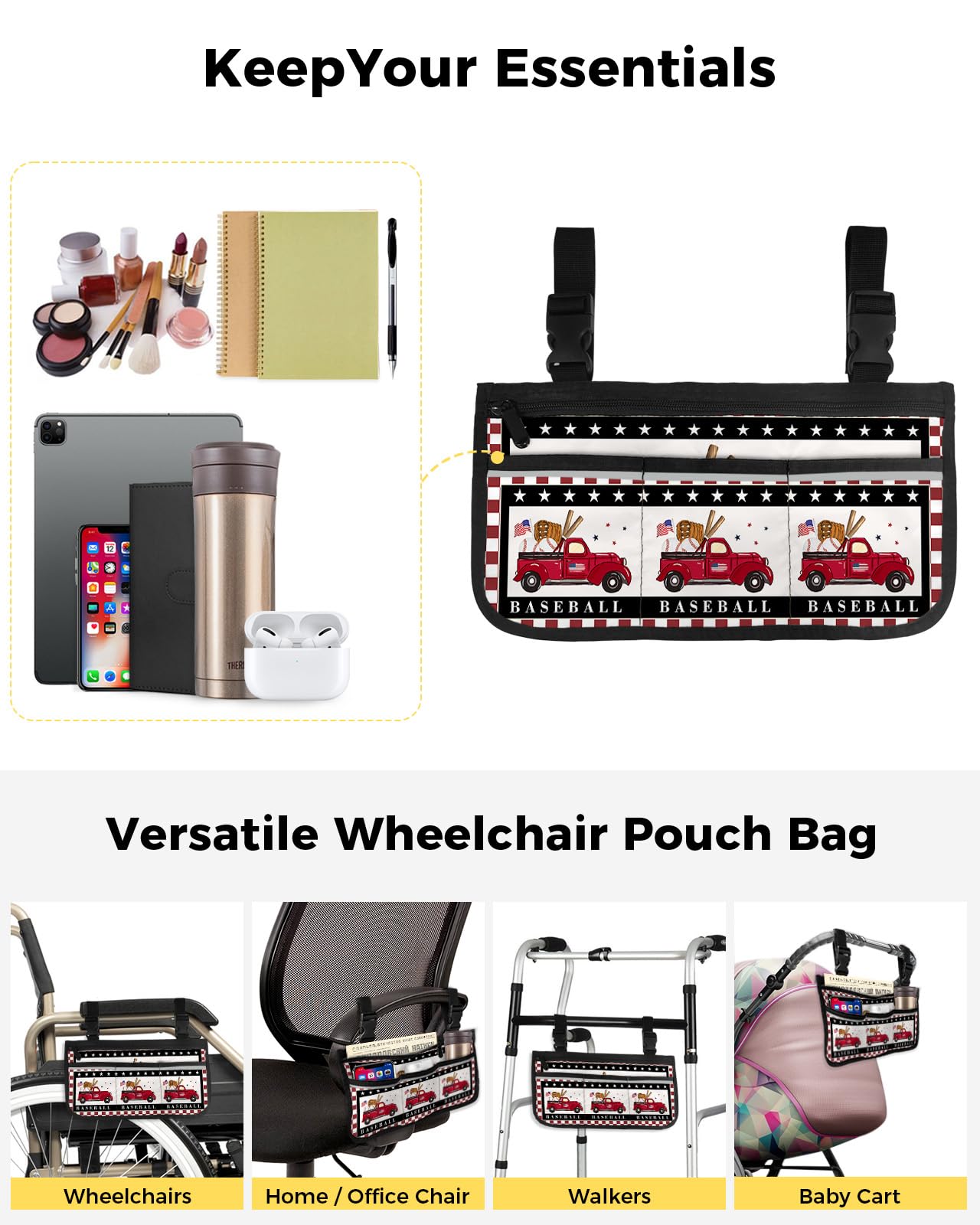 Wheelchair Armrest Bag - Red & White Plaid Organizer with Reflective Stripes for Walker, Rollator & Scooter