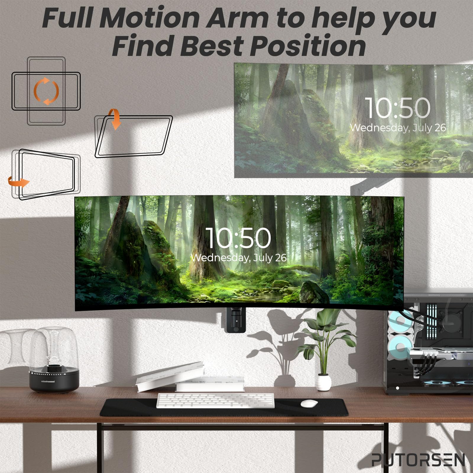 PUTORSEN Premium Ultrawide Monitor Wall Mount 17-49 inch - Heavy Duty Single Monitor Arm Supports up to 44lbs - Fully Adjustable VESA 75/100/200 Wall Mount Stand (Black) - Perfect for Home Office, Gaming Setup & Workspace Ergonomics
