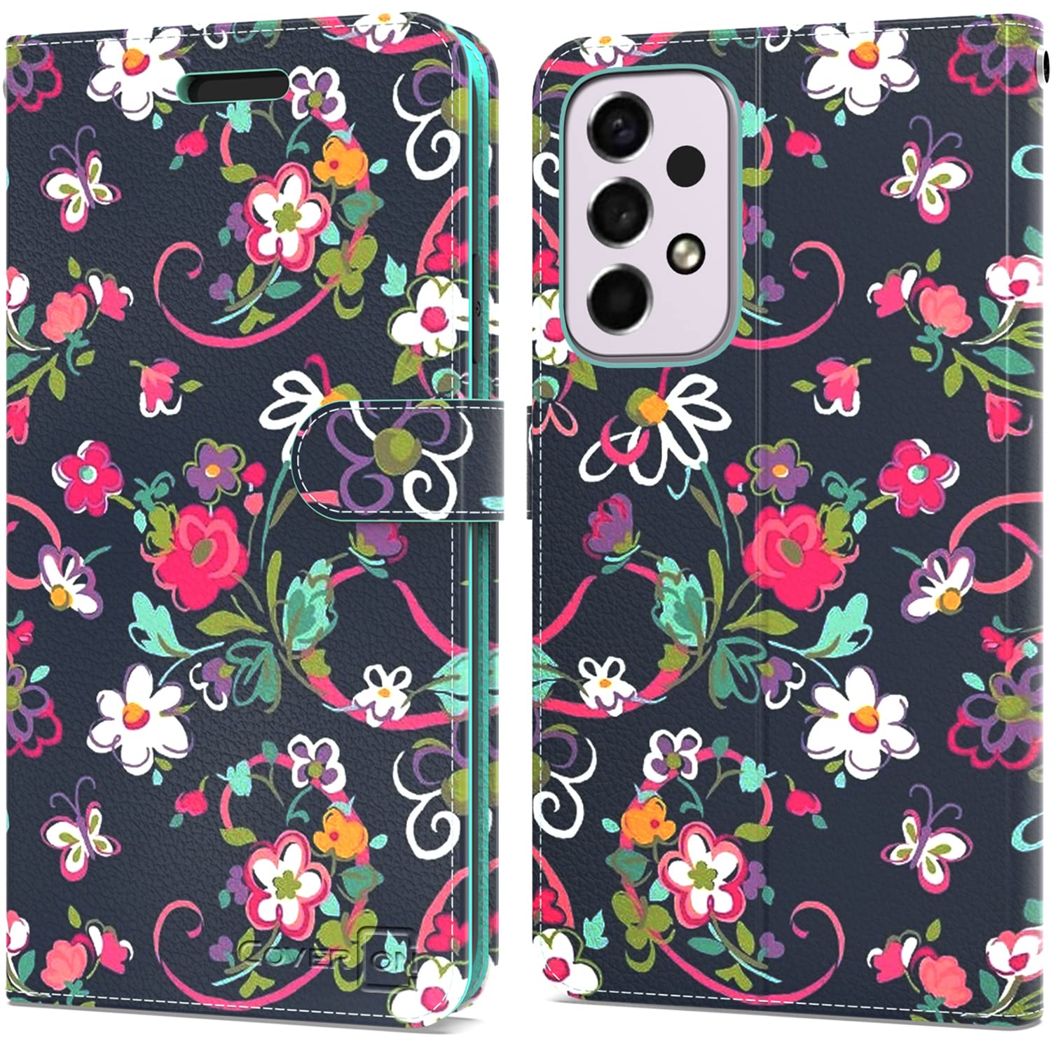 Premium Leather Wallet Case for Samsung Galaxy A53 5G with RFID Blocking & Flip Stand - Floral Design | Perfect for Business Travel, Daily Commute & Hands-Free Viewing