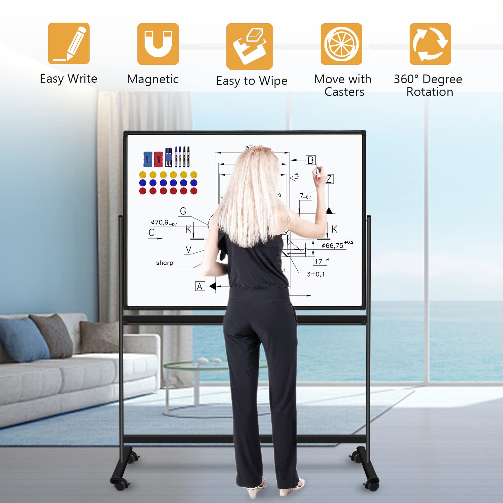 48x36 Inch Mobile Double-Sided Magnetic Dry Erase Whiteboard on Wheels - Commercial Rolling Whiteboard with Sturdy Stand for Home Office School & Conference Rooms | Perfect for Presentations, Classrooms & Team Brainstorming