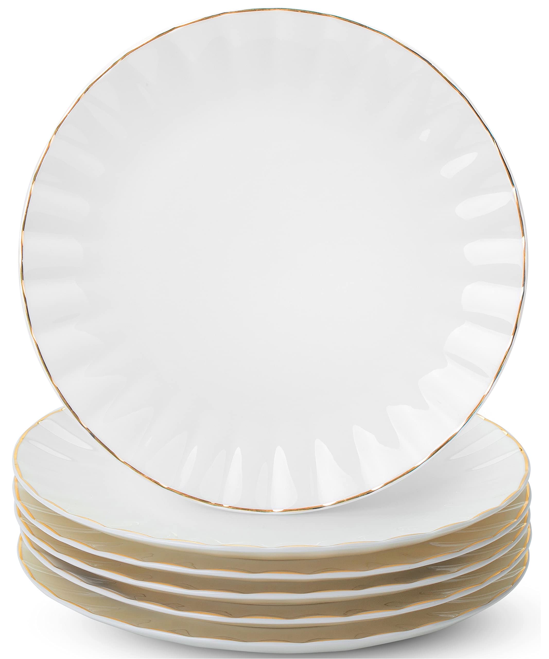 BTaT 8 Inch White Porcelain Dessert Plates Set of 6 - Elegant Gold Trim Appetizer Plates for Cake, Pastry, Snacks - Perfect for Parties, Weddings, and Tea Time