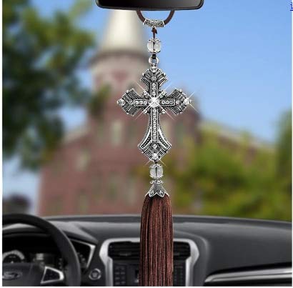 Christian Cross Car Pendant - Silver Metal & Crystal Decor for Rear View Mirror - Auto Styling Accessories