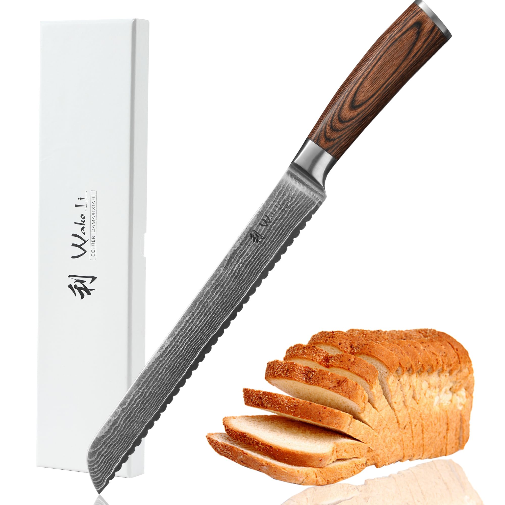 Wakoli 7.9-inch Damascus Bread Knife - 67-Layer VG10 Core Steel Blade with Pakkawood Handle - Professional Chef Knife for Slicing Bread, Pastries & Baked Goods - Perfect for Home Kitchens, Bakeries & Gift Giving (EDIB)