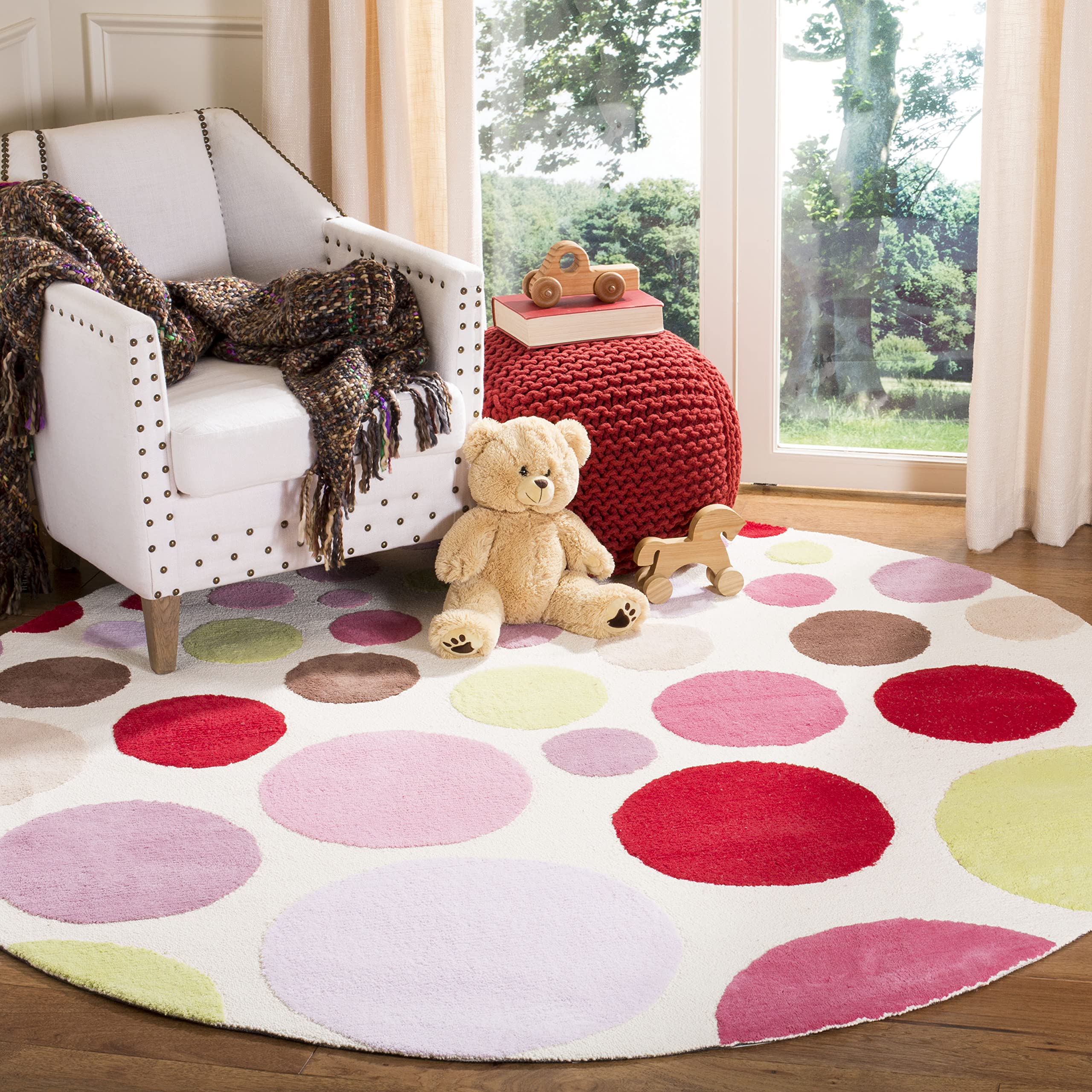 SAFAVIEH Kids Collection 6-Foot Round Ivory Multi-Colored Dots Cotton Area Rug for Nursery, Playroom & Bedroom Decor | Soft Non-Slip SFK223A