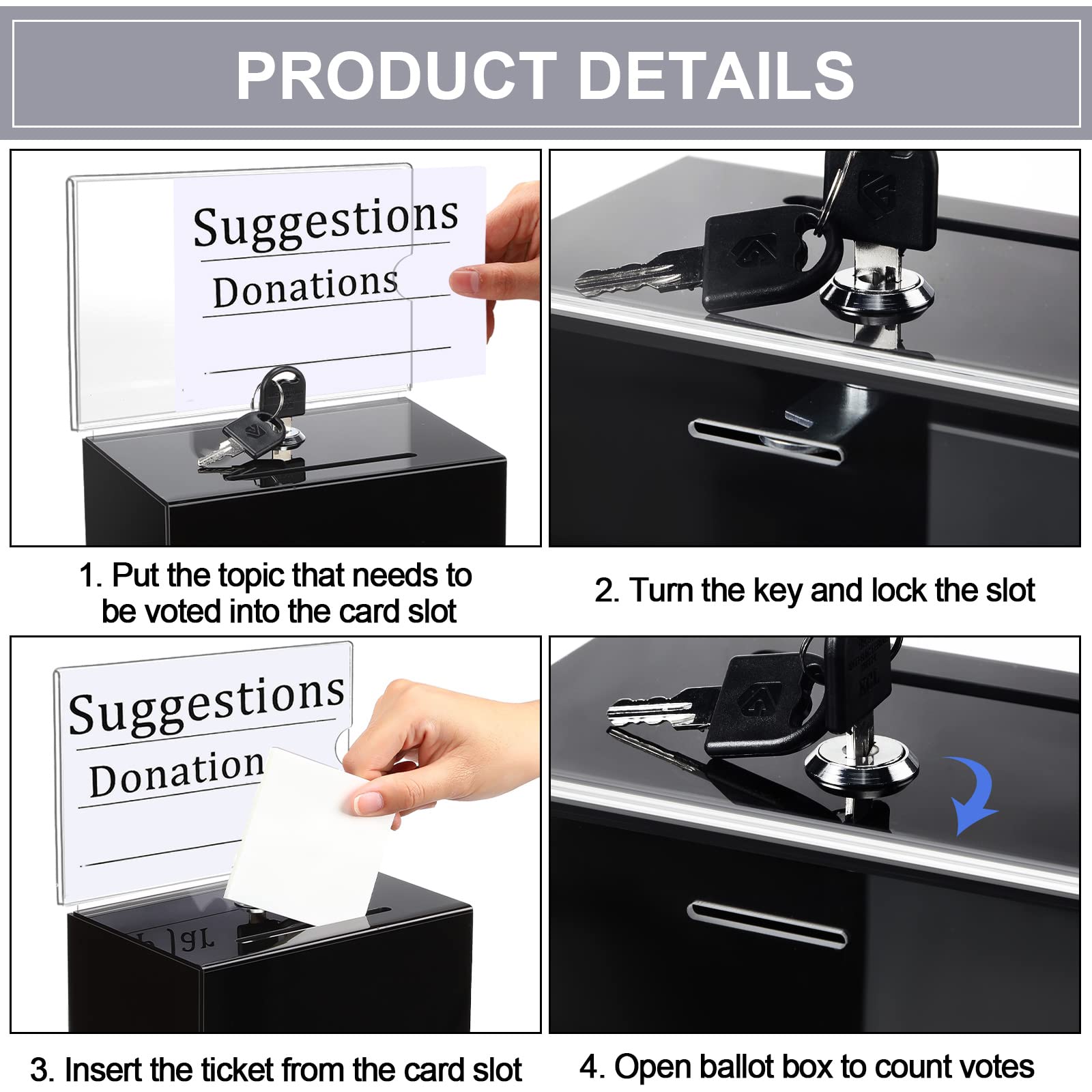 8 Pack Acrylic Donation Box with Lock & Sign Holder - Secure Suggestion Ballot Box for Voting, Charity, Fundraising, Raffles, Surveys - Ideal for Restaurants, Events, Churches & Tip Jars (Black)