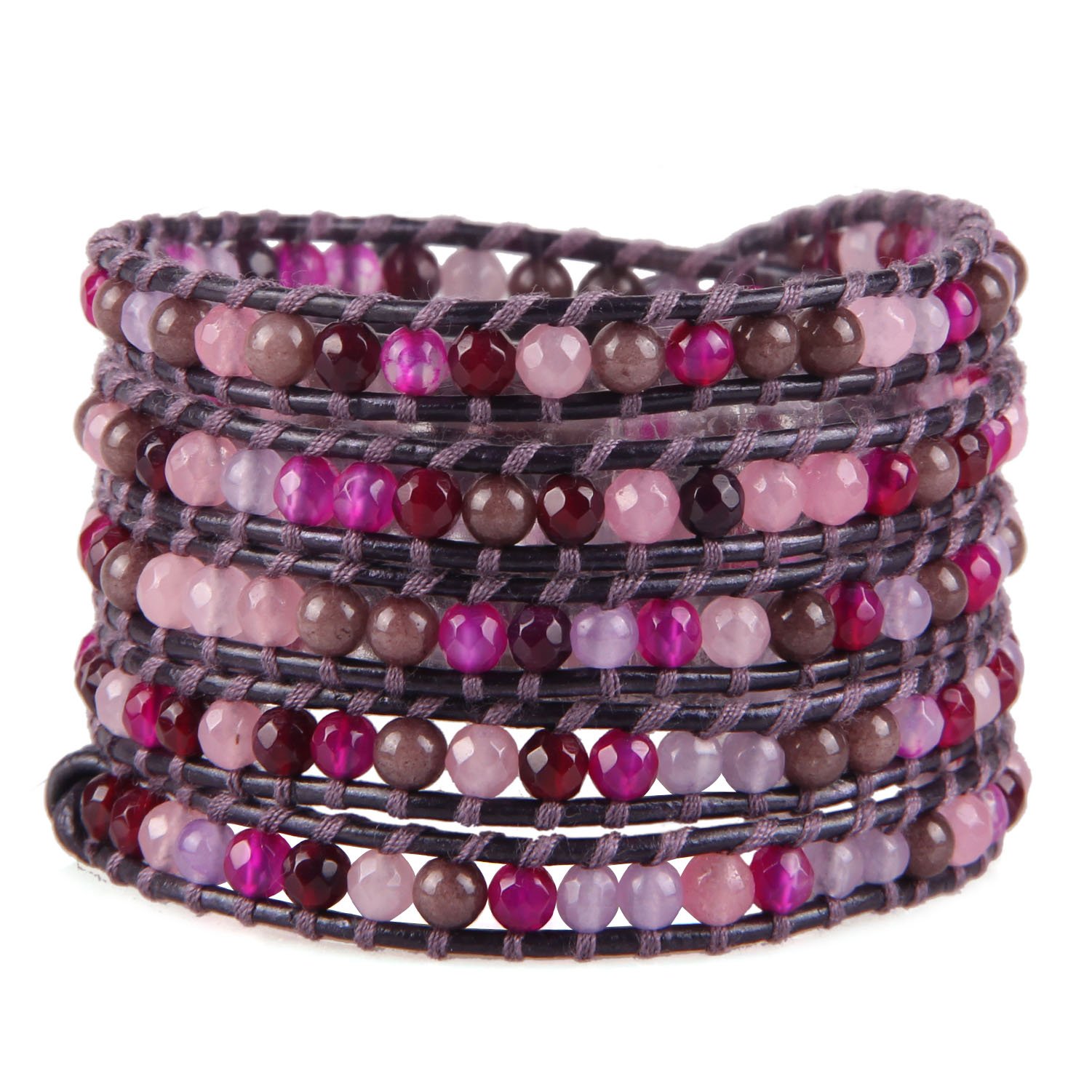 KELITCH Boho Leather Wrap Bracelet for Women - Brown 5 Strand with Mixed Purple Agate Beads, Adjustable Cuff Bangle | Perfect for Festival, Beach & Everyday Boho Chic Style