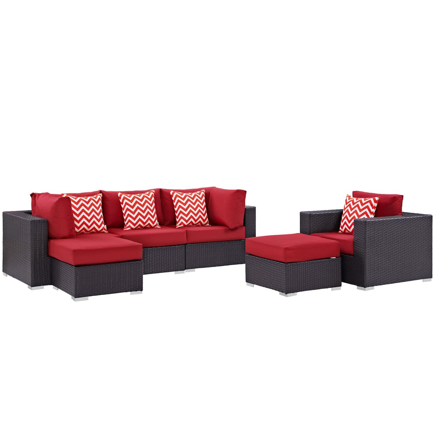 Modway Convene 6-Piece Wicker Rattan Outdoor Patio Sectional Sofa Set - Espresso Red - Durable Weather-Resistant Furniture for Backyard, Garden & Poolside Relaxation
