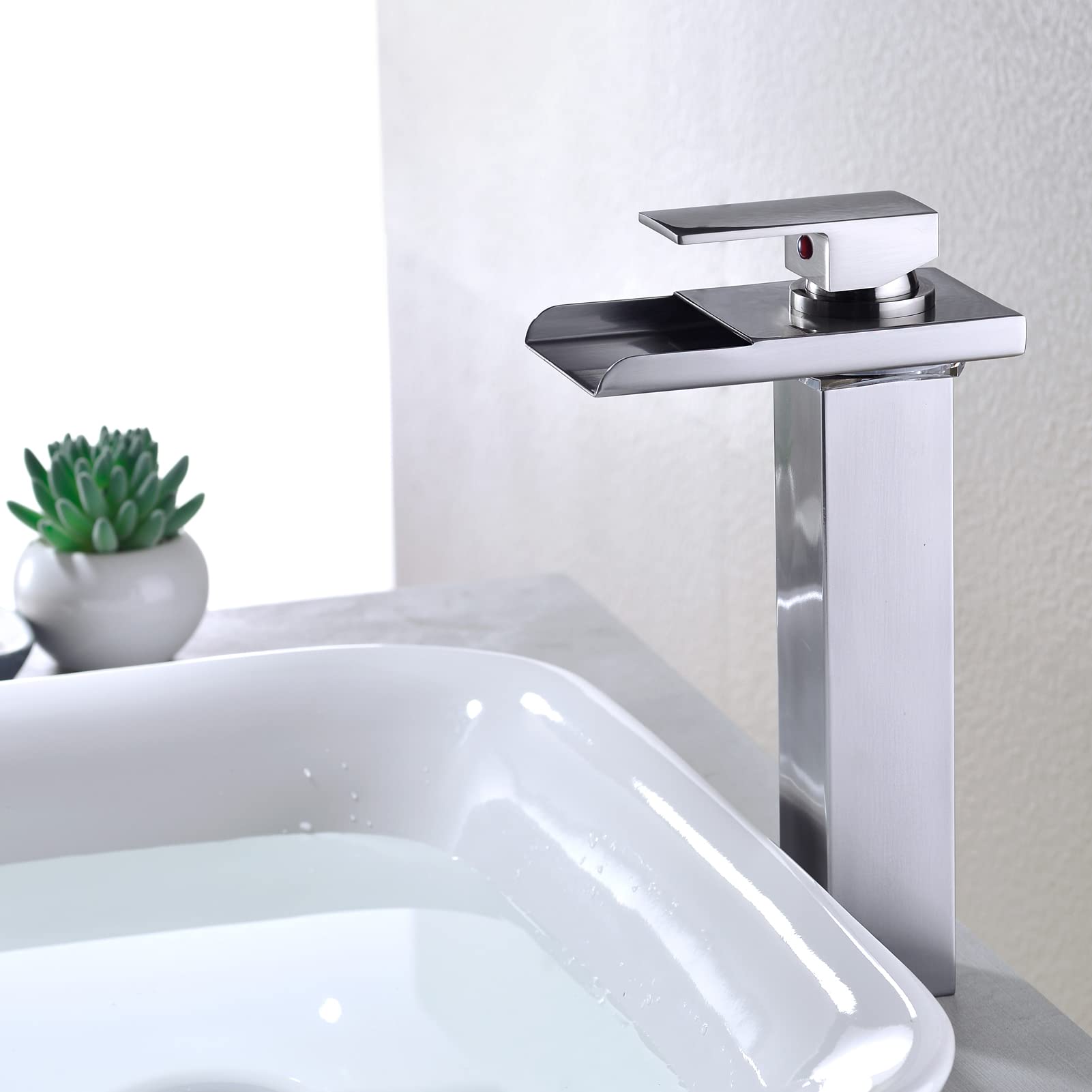 Brushed Nickel LED Waterfall Bathroom Faucet - Tall Single Handle 1 Hole Sink Faucet with Brass Water Supply | Modern Bathroom Upgrade for Vanity & Powder Room