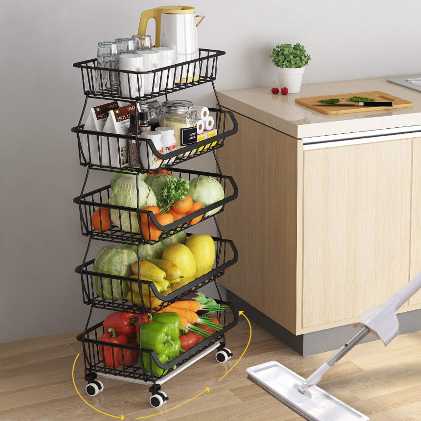 BRIAN & DANY 5-Tier Metal Wire Fruit and Vegetable Storage Basket - Space Saving Kitchen Organizer for Countertop, Pantry & Refrigerator