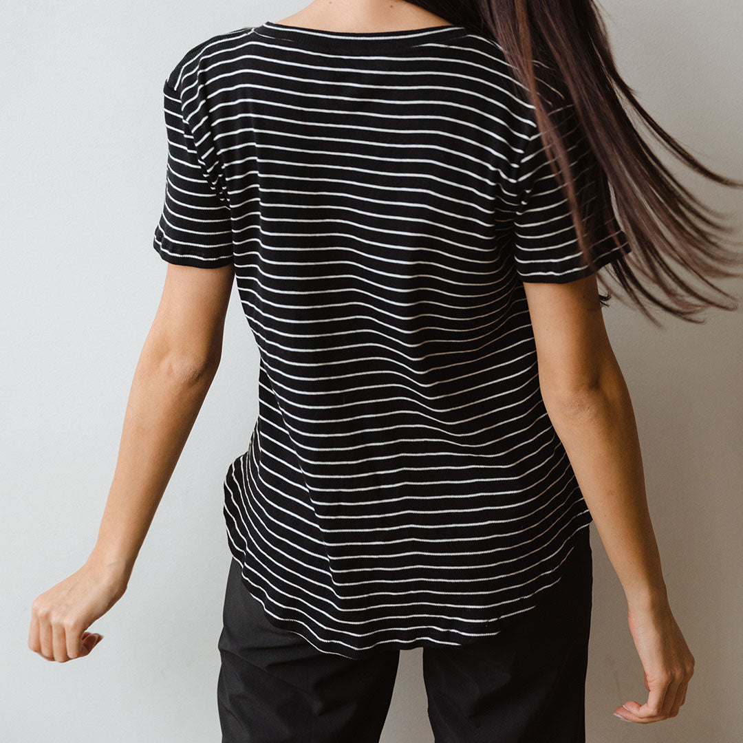 Chunky Black and White Striped V-Neck T-Shirt for Women - Soft Basic Tee for Casual Wear, Layering & Everyday Outfits