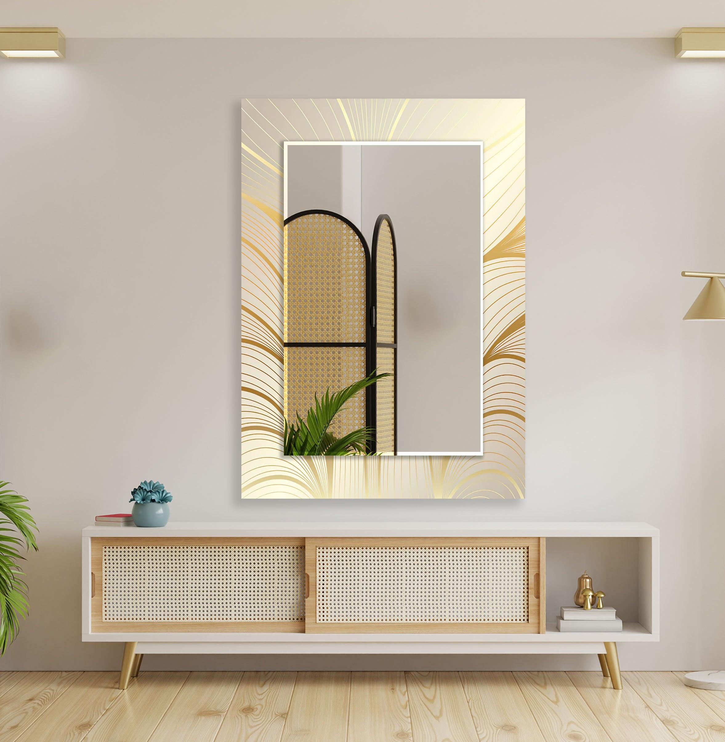 Elegant Beige Wall Mirror with Golden Leaves Design - Perfect for Living Room, Bedroom, and Entryway Decor