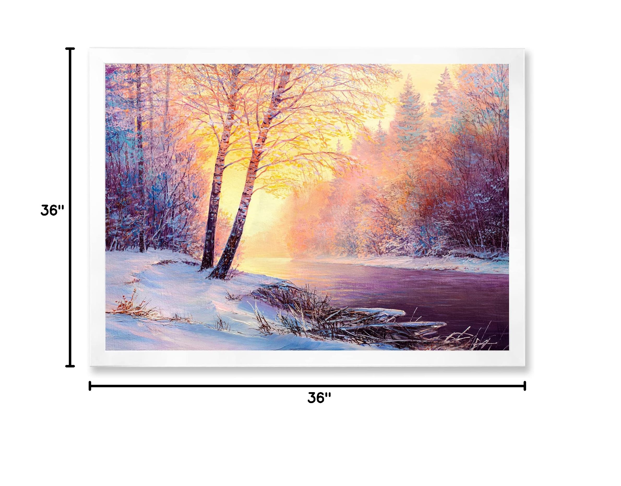 DesignQ Winter Scenery With Bridge of Meandering River II Lake House Framed Wall Art - Landscape Painting for Living Room, Bedroom & Office Decor
