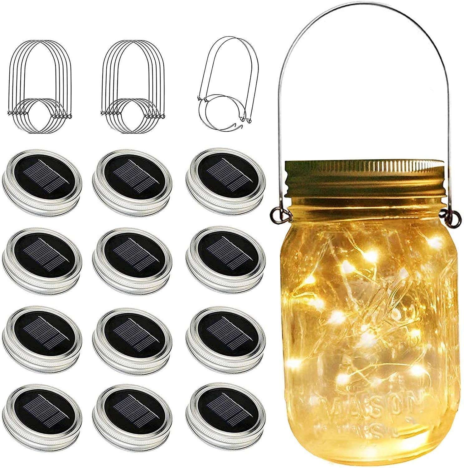 SunKite Solar Mason Jar Lights (NO Jars Included) - 12 Pack Waterproof 30 LED Fairy Firefly String Lights with Hangers - Warm White Outdoor Solar Lighting for Garden, Patio, Yard, Wedding & Party Decorations