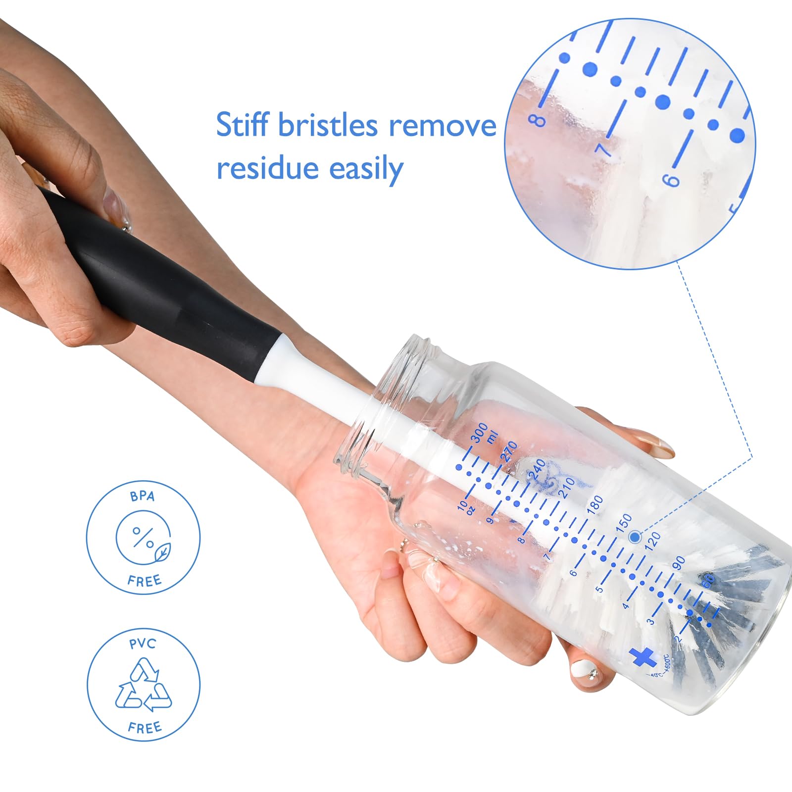 **Baby Bottle Brush Cleaner with Long Handle & Replaceable Head - 2 Pack Black - Perfect for Washing Bottles, Cups, and Glasses - Ideal for Nurseries, Kitchens, and Travel**