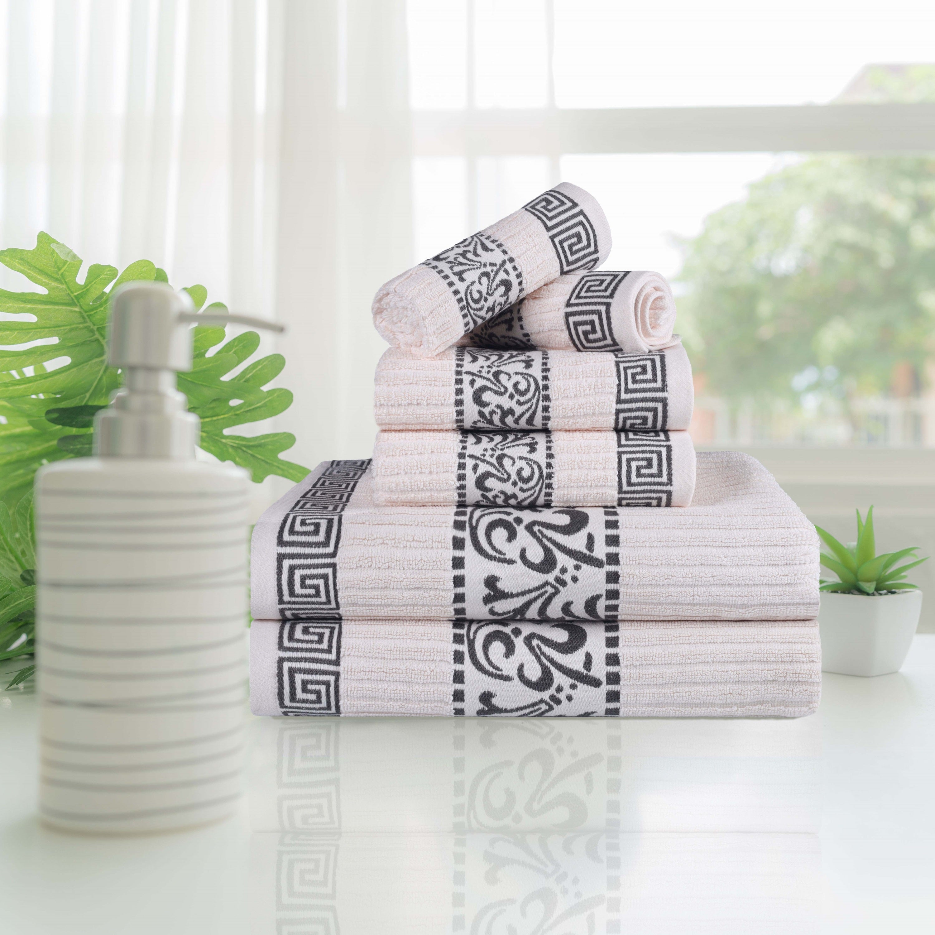 Athens Cotton Greek Scroll and Floral 6-Piece Bath Towel Set - Soft & Absorbent for Bathroom, Spa, and Beach Use