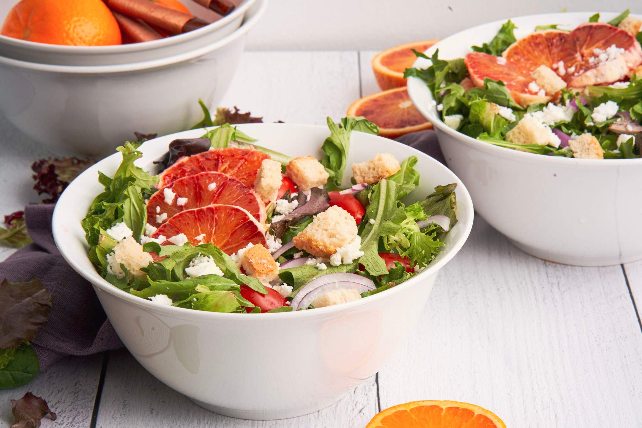 KooK 41 oz Ceramic Salad Serving Bowls Set of 4 - Microwave & Dishwasher Safe White Glossy Porcelain Bowls for Salads, Pasta, Snacks & Entertaining