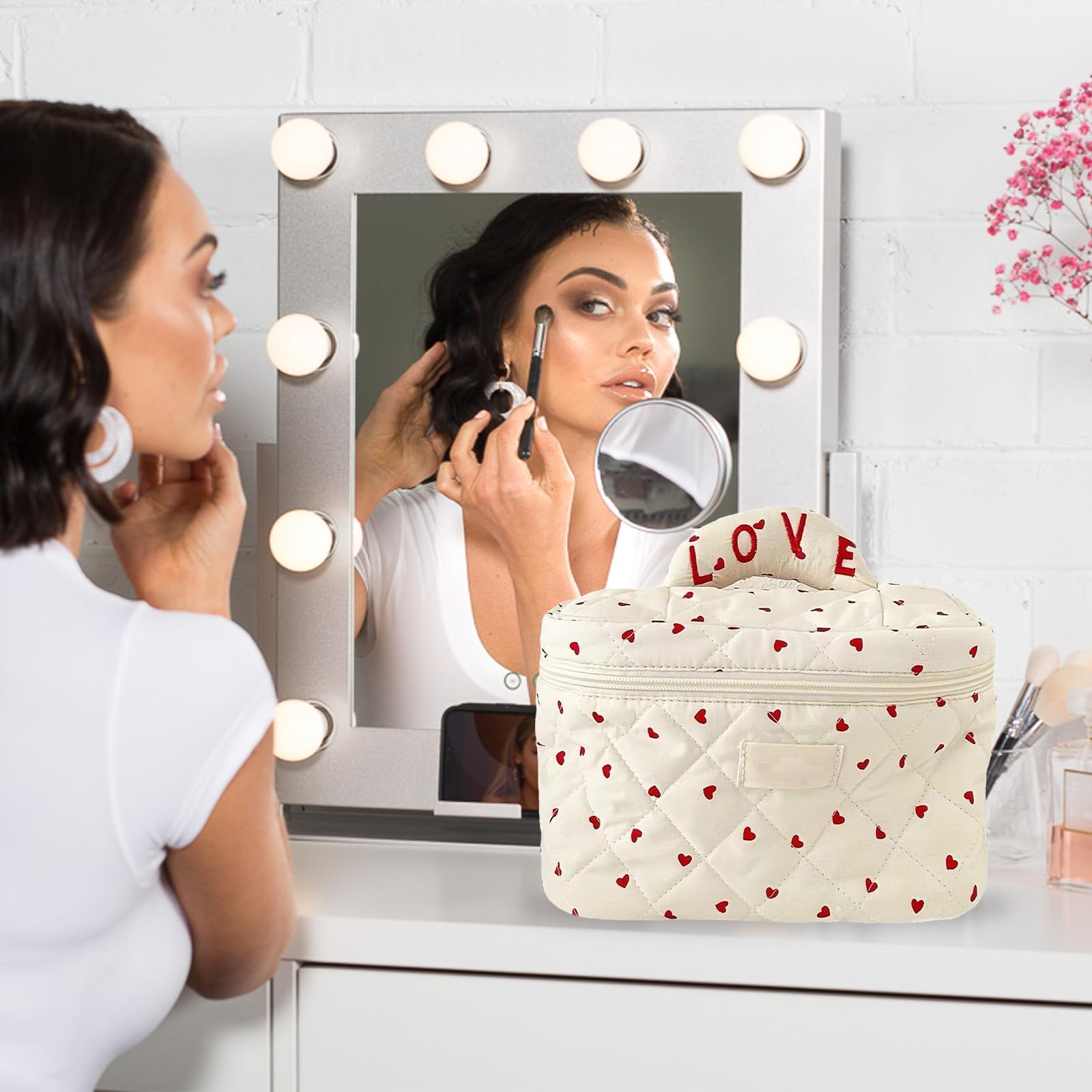 Quilted Makeup Bag for Women - Large Heart Pattern Cosmetic Organizer, Soft Cotton Travel Toiletry Bag with High Capacity (Red) | Perfect for Travel, Gym, and Daily Beauty Essentials Storage