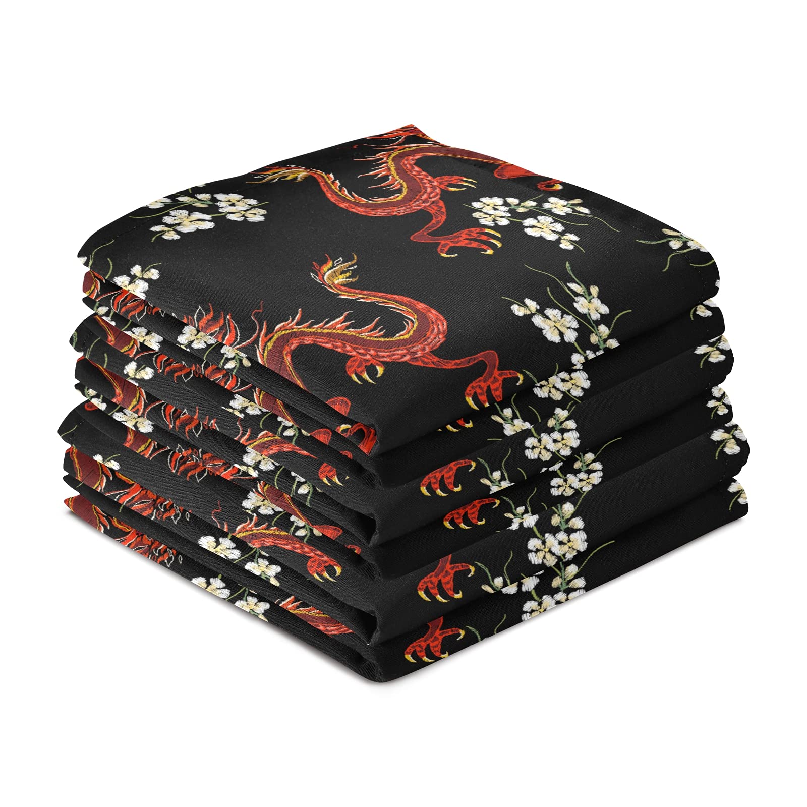 ALAZA Japanese Dragon Floral Kitchen Towels Set of 4 - Super Absorbent Soft Dish Cloths (18x28 Inches) for Dish Drying, Bar Cleaning & Tea Towel Use