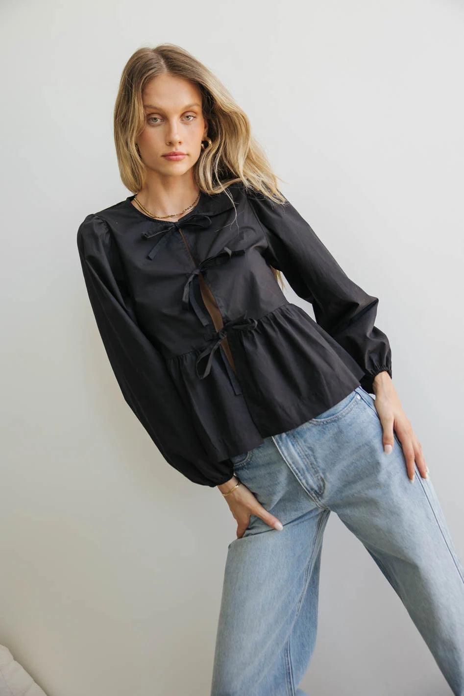 Elegant Maggie Peplum Tie Blouse in Black - Women's Fashion Tops for Work & Evening Out | FINAL SALE