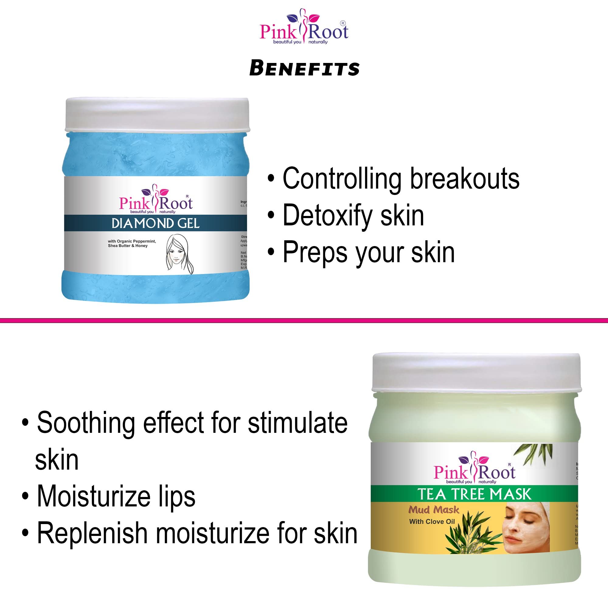 Pink Root Diamond Gel 500g with Tea Tree Mud Mask 500g - Hydrating Skincare Set for Acne Treatment & Pore Cleansing | Perfect for Spa Day & At-Home Facial Care
