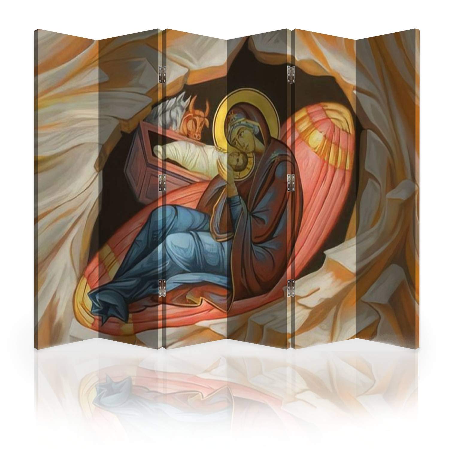 Religious Canvas Room Divider Screen - 6 Panel Folding Privacy Partition with Jesus Birth & Holy Virgin Mary Nativity Scene | Christmas Home Decor, Church Events, Nursery Separation, Living Room Privacy Screen