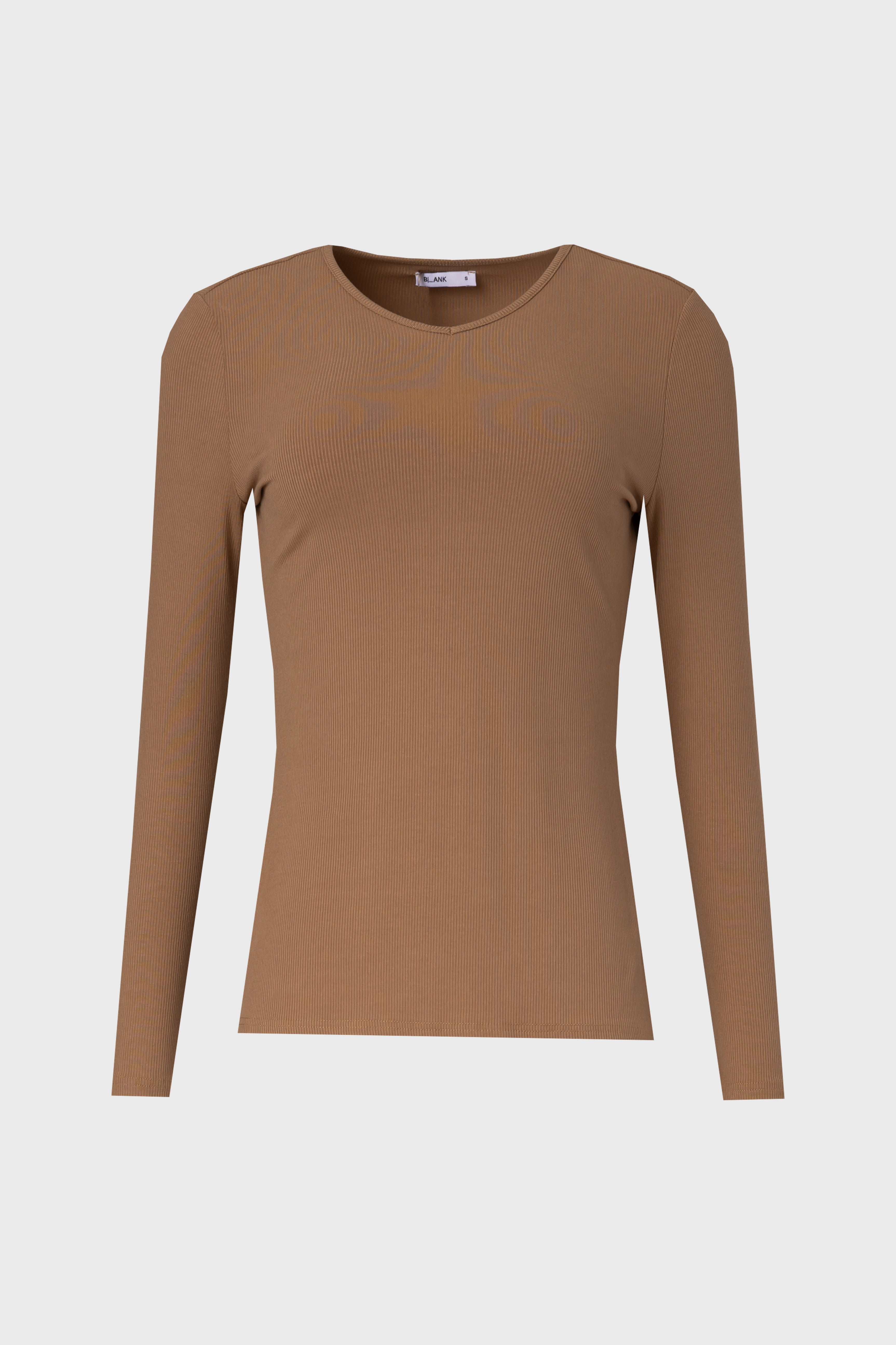Mocha Ribbed V Neck Long Sleeve T-Shirt for Women - Soft Stretchy Casual Top for Everyday Wear, Work & Date Nights