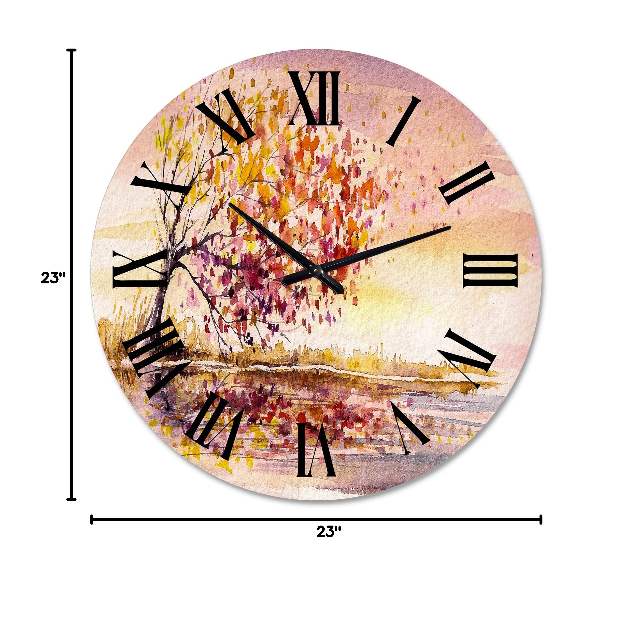 DesignQ Traditional Wall Clock - Yellow and Orange Autumn Tree Landscape Nature Large Wall Clock for Kitchen, Living Room, Bedroom & Office Decor | Perfect for Home, Farmhouse & Rustic Interior Design