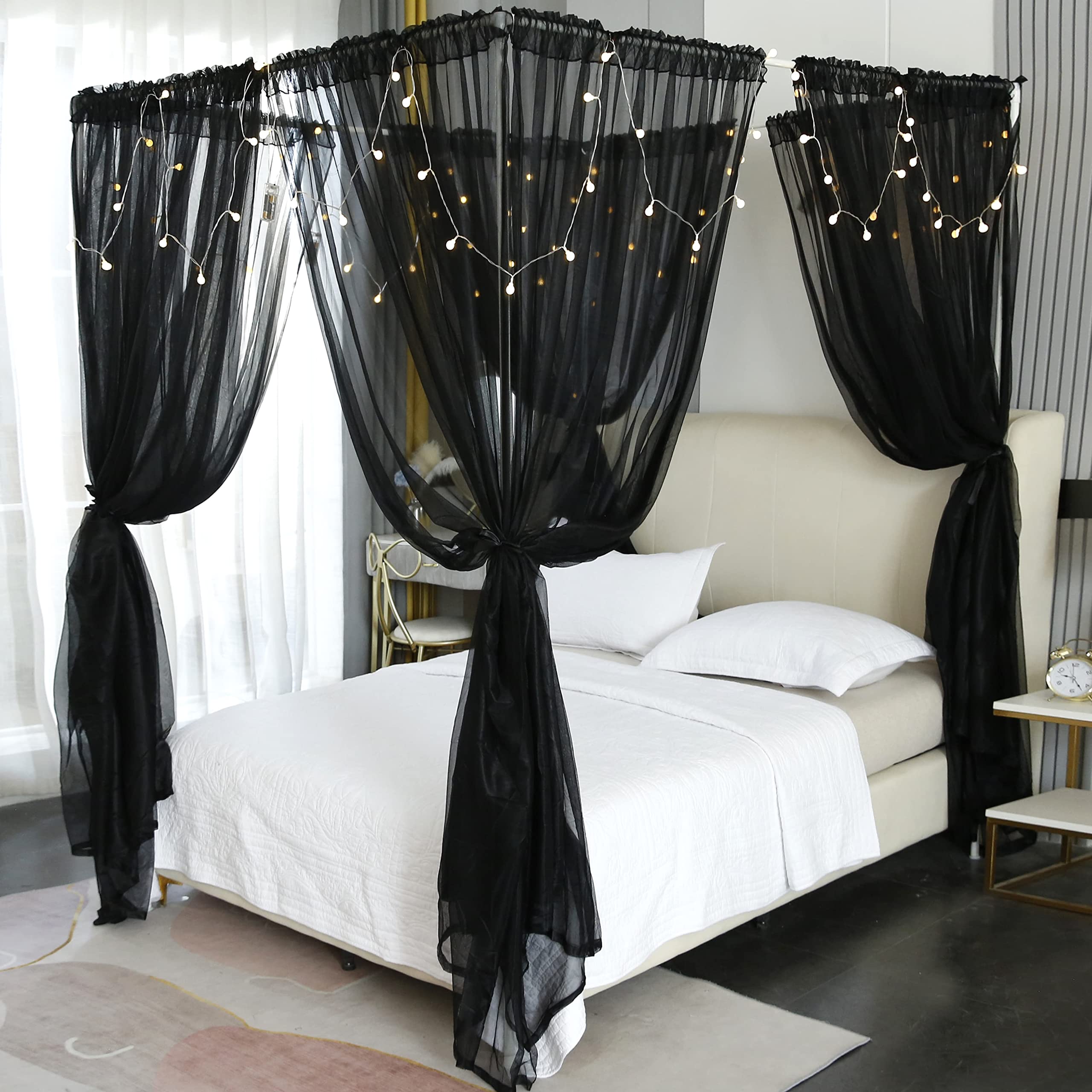 Elegant Black Sheer Canopy Curtains for Girls' Room - 8 Panels with Lights, Twin/Full/Queen/King Size Bed Drapes, Perfect for Bedroom Decor & Princess-Themed Sleepovers