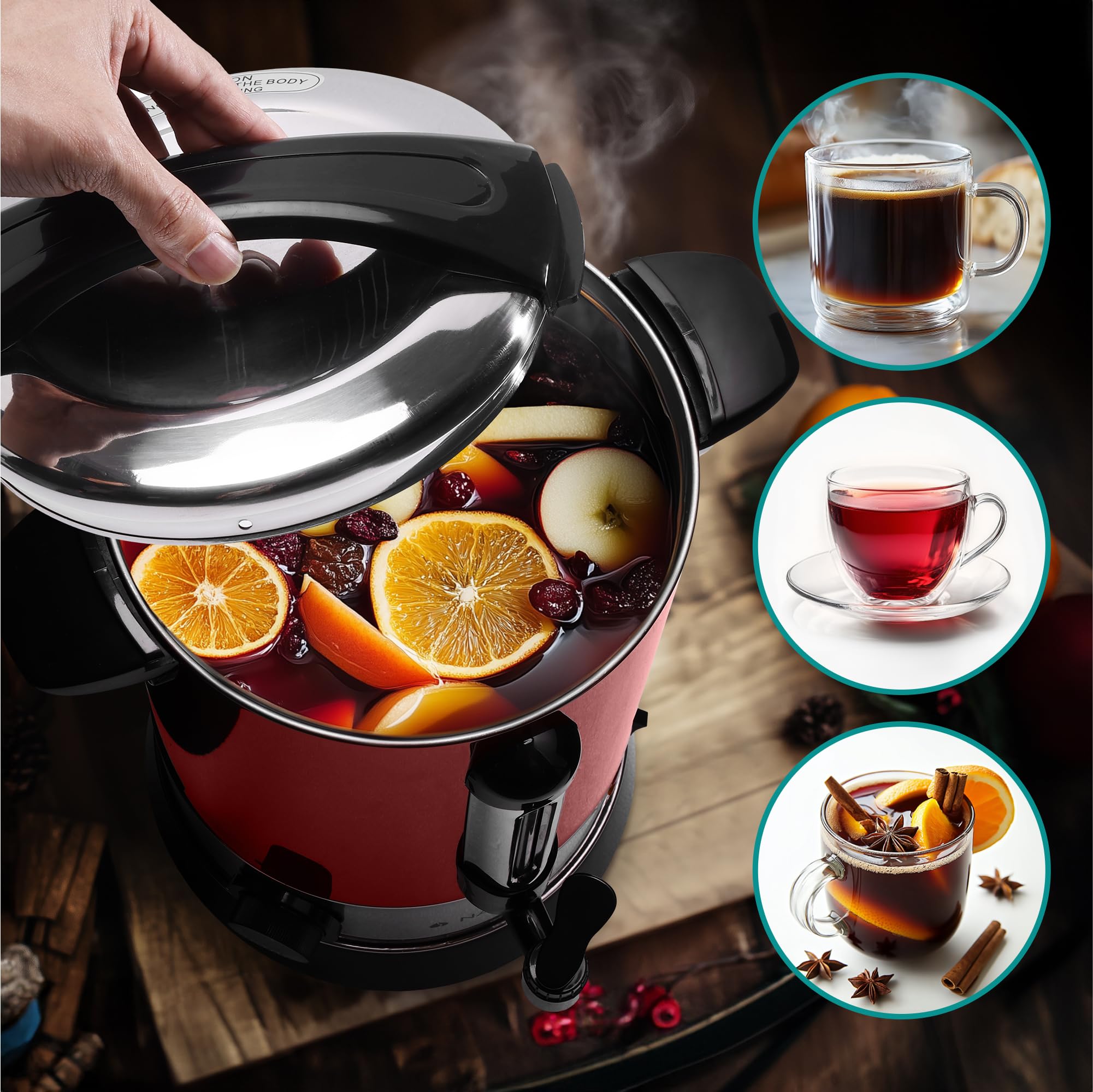 Navaris 10L Electric Hot Water & Wine Dispenser with Tap - Perfect for Mulled Wine, Coffee & Hot Beverages - Ideal for Parties, Cafés & Home Use - Red