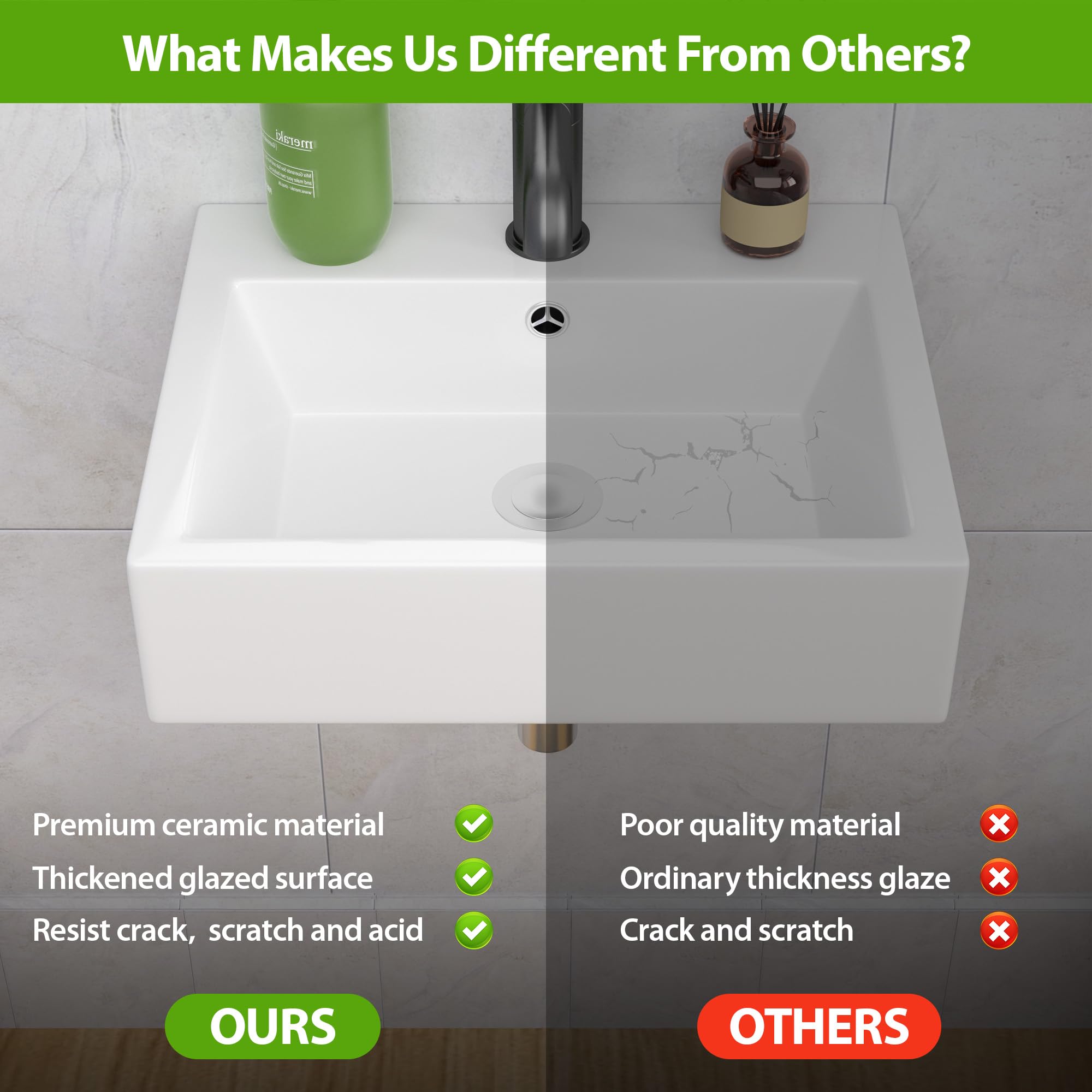 Lepuday 22x18 Inch White Ceramic Wall Mount Sink - Floating Vessel Bathroom Sink, Rectangle Wall Hung Basin for Modern & Space-Saving Bathroom Design