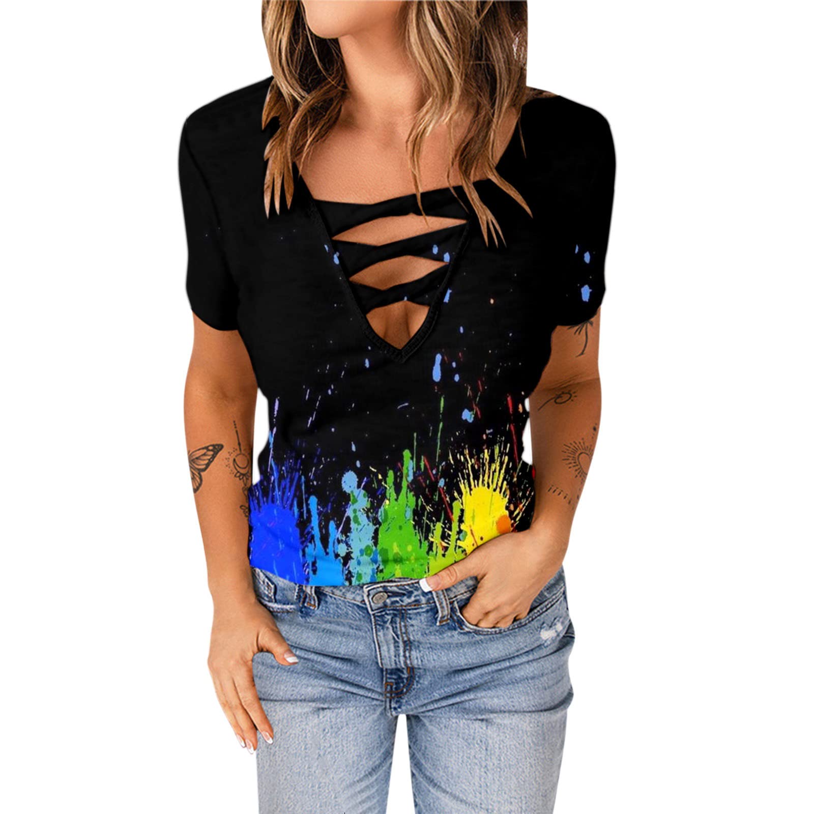 iOPQO Women's Purple Short Sleeve V-Neck Blouse - Summer Casual Printed T-Shirt Top (Black, XXL) | Perfect for Beach Outings, Office Wear & Weekend Fashion