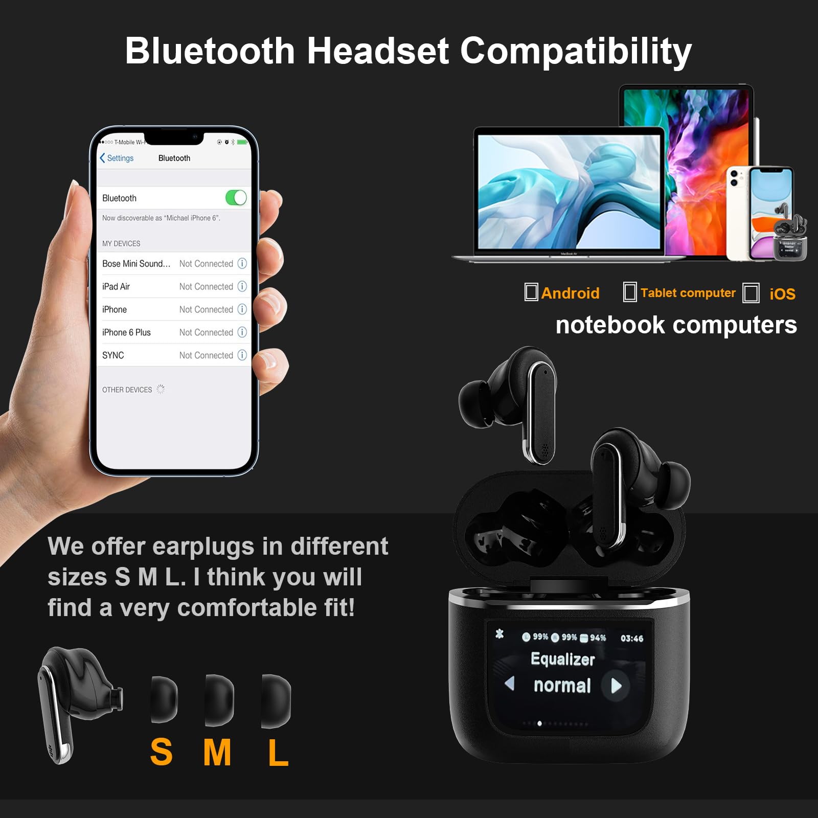 Wireless Bluetooth 5.3 Earbuds with Smart Touch Control & Active Noise Cancellation, IPX56 Waterproof in-Ear Headphones with Ear Tips for iPhone Android - Perfect for Workouts, Running, Travel & Business Calls