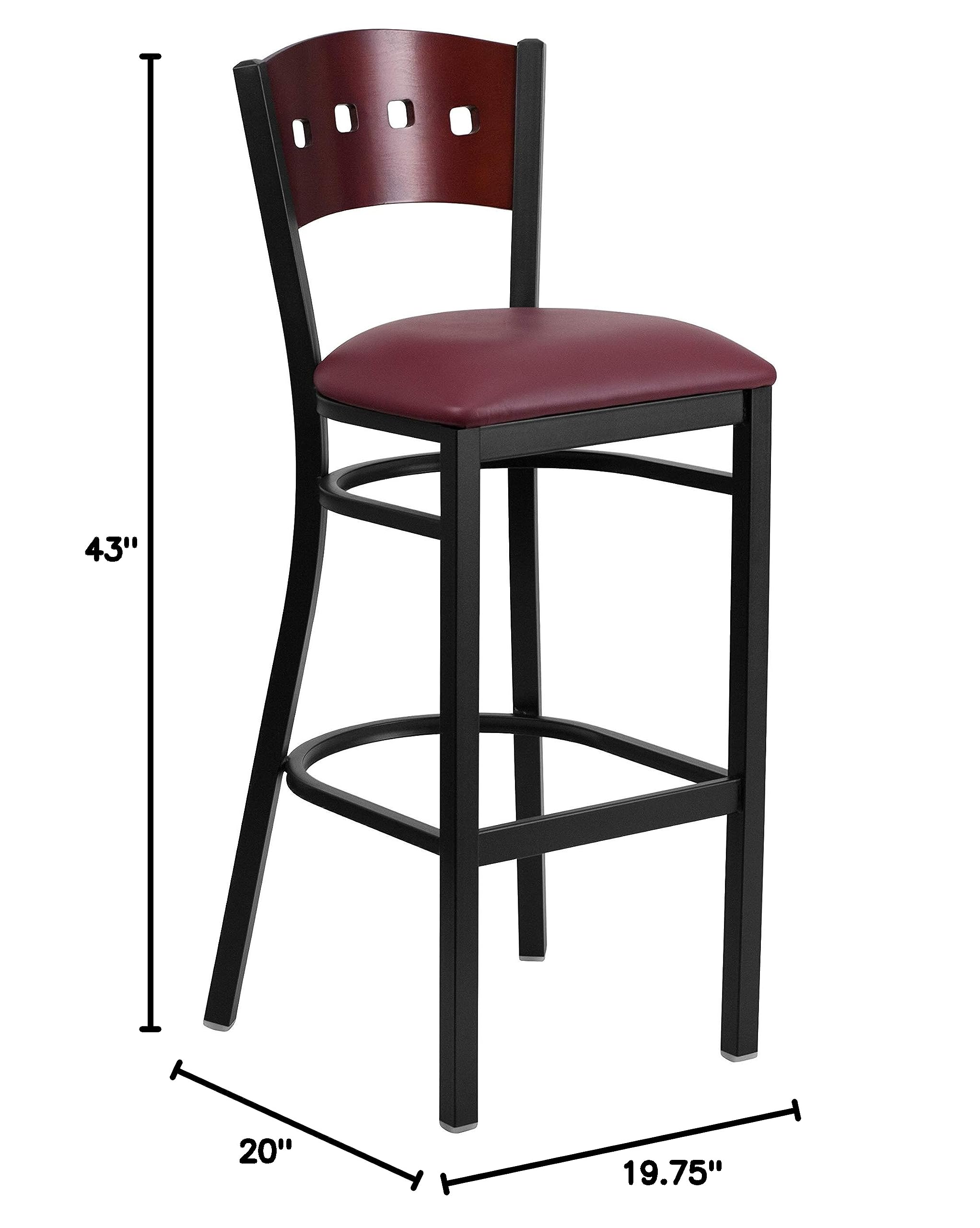 2 Pack Black 4 Square Back Metal Barstools - Mahogany Wood Back, Burgundy Vinyl Seat - Perfect for Kitchen Islands, Breakfast Bars & Home Decor