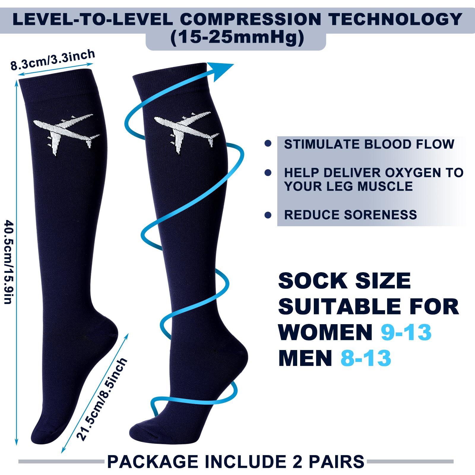 2 Pairs 15-25 mmHg Graduated Compression Socks for Men & Women - Knee High Travel Socks for Airplane Flights, Long Trips & Circulation Support - Perfect for Flying, Hiking & Work