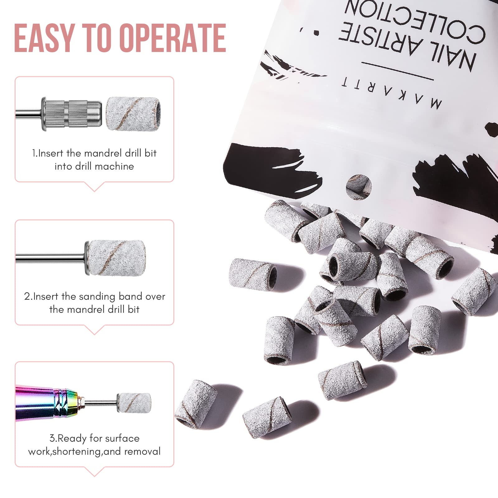 Makartt 100 Pcs Nail Drill Sanding Bands #180 Medium Grits - Professional Acrylic Nails Gel Removal & Shaping - Thicker Durable Sanding Drill Bits for Manicure & Pedicure - Perfect for Salon, Home Nail Care & DIY Nail Art