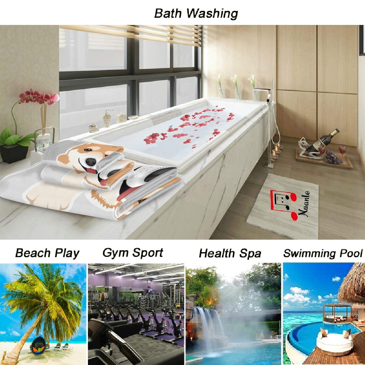Cute Cartoon Shiba Inu Dog Towel Set - 3 Piece Luxury Bath Towel, Hand Towel & Washcloth | Soft, Absorbent & Decorative | Perfect for Bathroom, Hotel, Gym, Spa, Beach & Home Decor